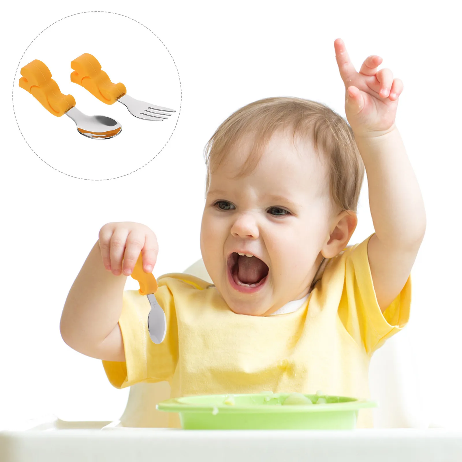 

1Set Baby Spoon and Fork Set 304 Stainless Steel Training Utensils for Toddlers Soft Silicone Handle Smooth Edges with Storage