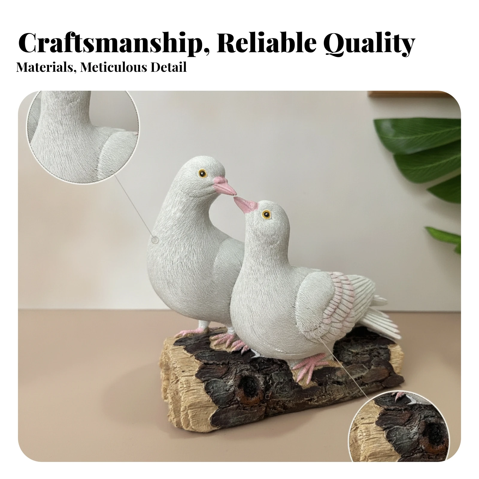 Feather Detailed Hand-Painted Bark-Like Home Decor Wood Base Ornament Resin Dove Statue Dove Figurine Pair for Courtyard