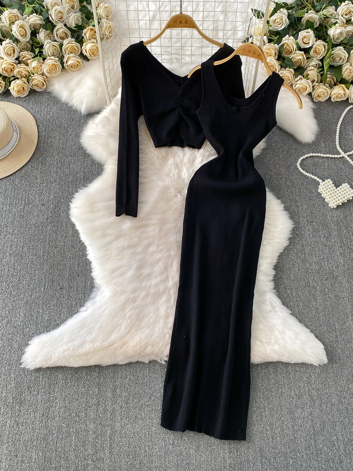 Slim Fit Knitted V-Ne Long Sve Vest Dr Set High Waist Bodycon Anti-Balloning Commute Sle Pure Color X-ape Silhouette