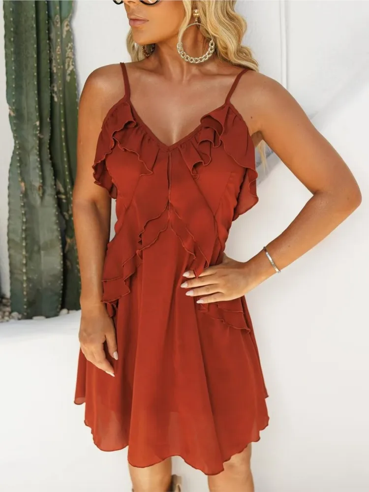 

Dresses 2025 Woman Ruffled Suspender Dress Summer New Sexy Slit Vestidos Temperament Beachwear Simple Style Sling Low Cut Trendy