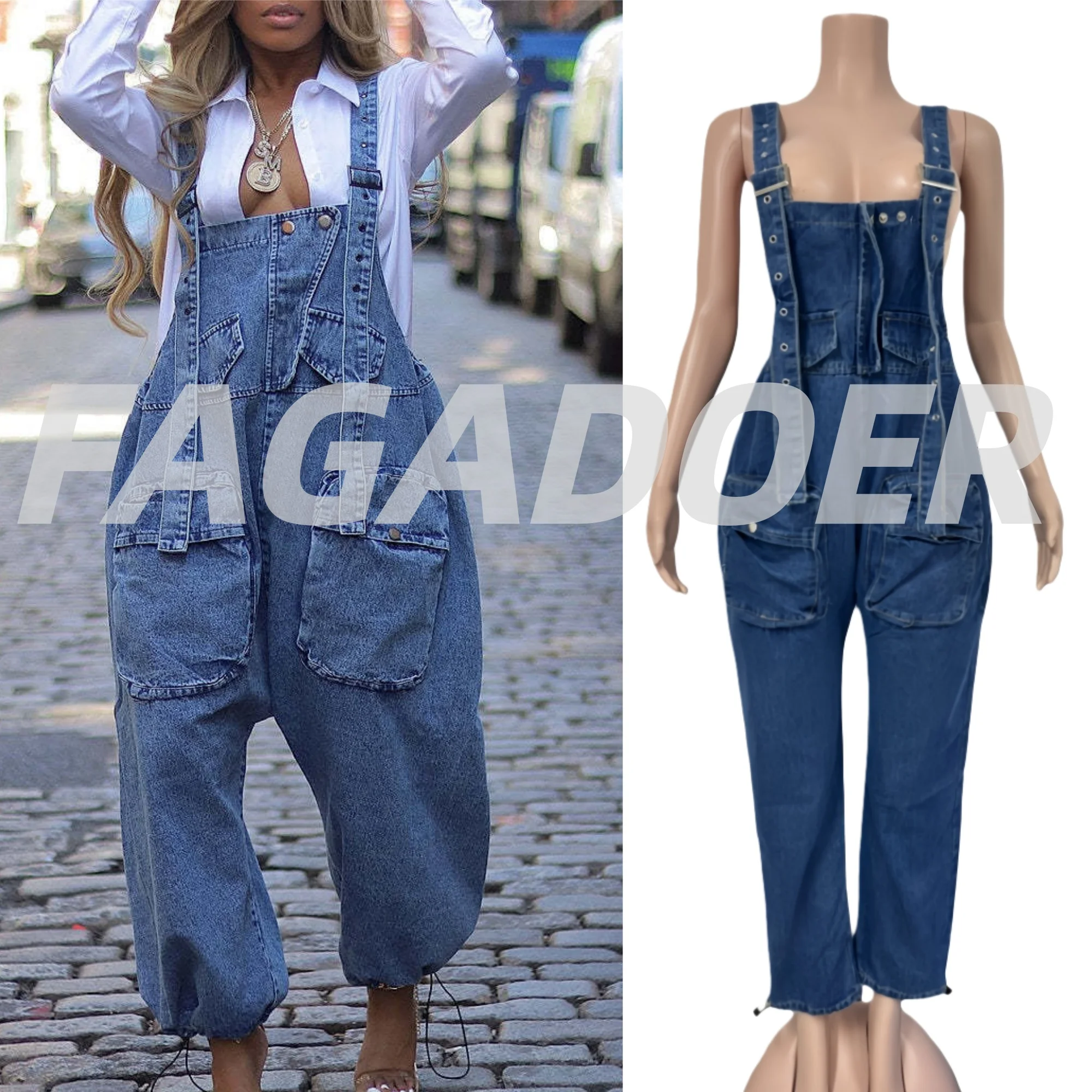 

FAGADOER Y2k Fashion Denim Jumpsuits Women Solid Spaghetti Strap Cargo Pocket One Piece Rompers Female Streetwear Overalls New