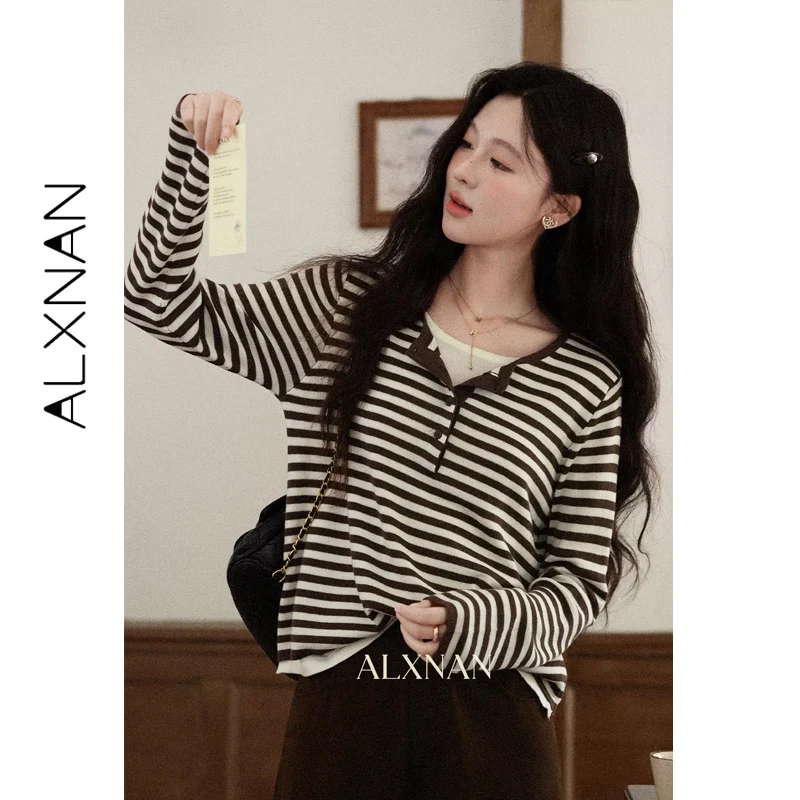 

ALXNAN полосатый свитер с длинными рукавами, осенний новый искусственный трикотаж из двух предметов, осень 2021, модные повседневные шерстяные топы свободного покроя, женские L57152