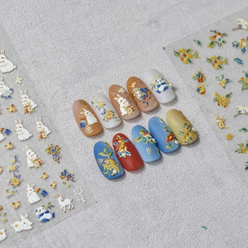 Embossed nail stickers Popular Japanese Cute Brocade Jade Hare Ornament