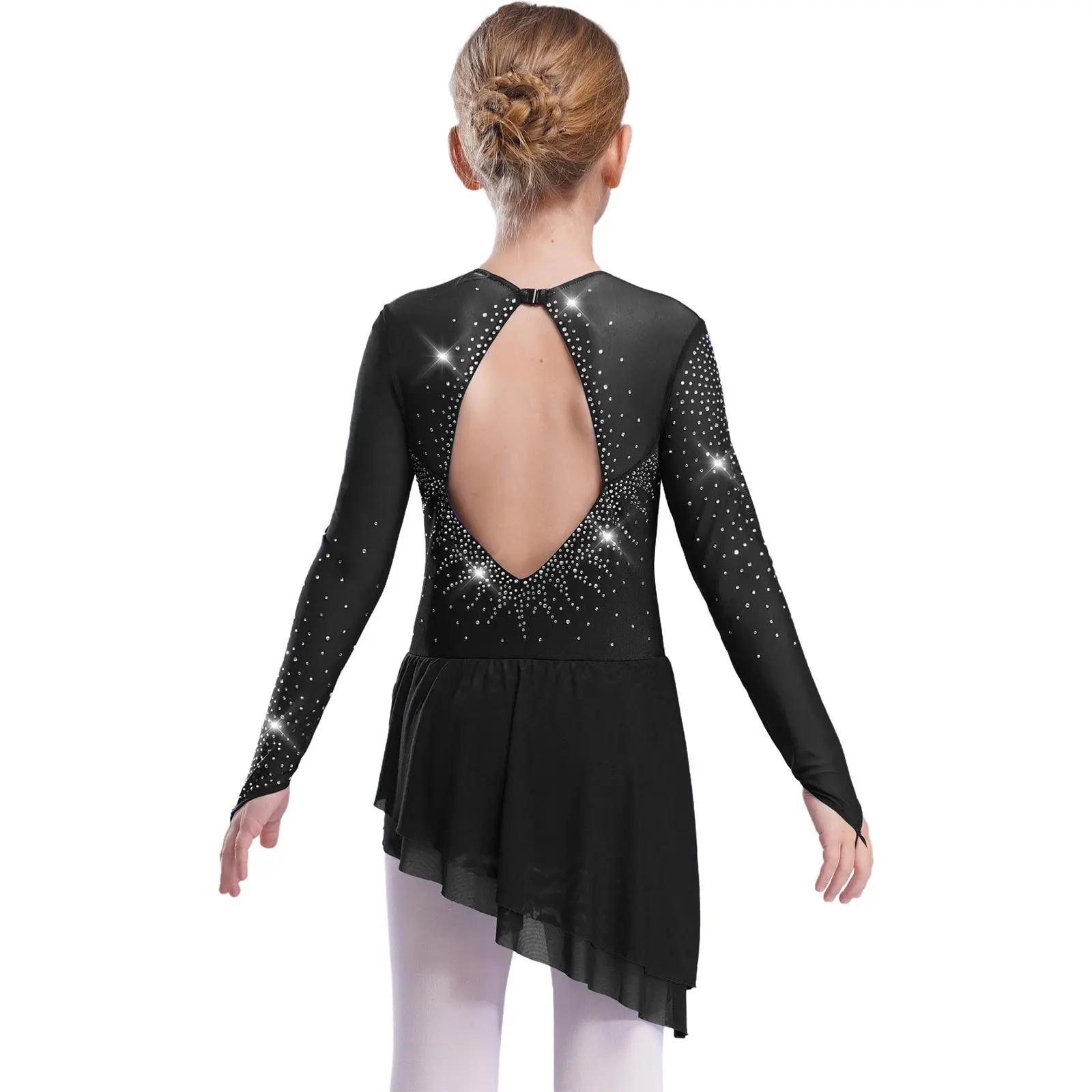 Mädchen Gymnastik Eiskunstlauf Modernes Ballett-Trikot Lyrisches Tanzkostüm Transparentes Netz Glitzernde Strass-Leotards Kleid – Detail 15