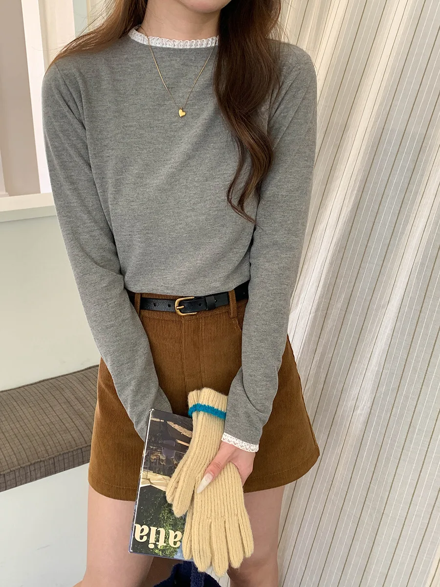 

Women's Autumn Casual Long Sleeve T-shirt O-Neck Top Lace with Velvet Touch for Comfortable Fashionable Style