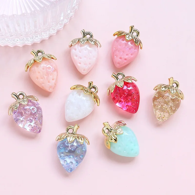 Summer style 30pcs/lot color print 3D cartoon strawberry shape resin beads charms diy jewelry garment/keychain pendant accessory