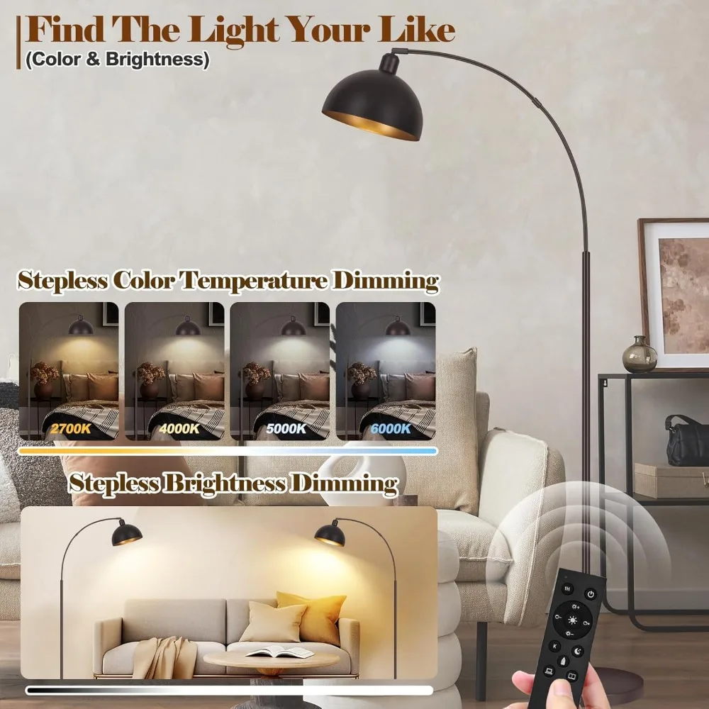 Floor Lamps -Upgraded 9W LED Arc Lamp with 4 Color Temperatures, Remote Control Rustic Arched Floor Lamp,Reading Standing Lamp