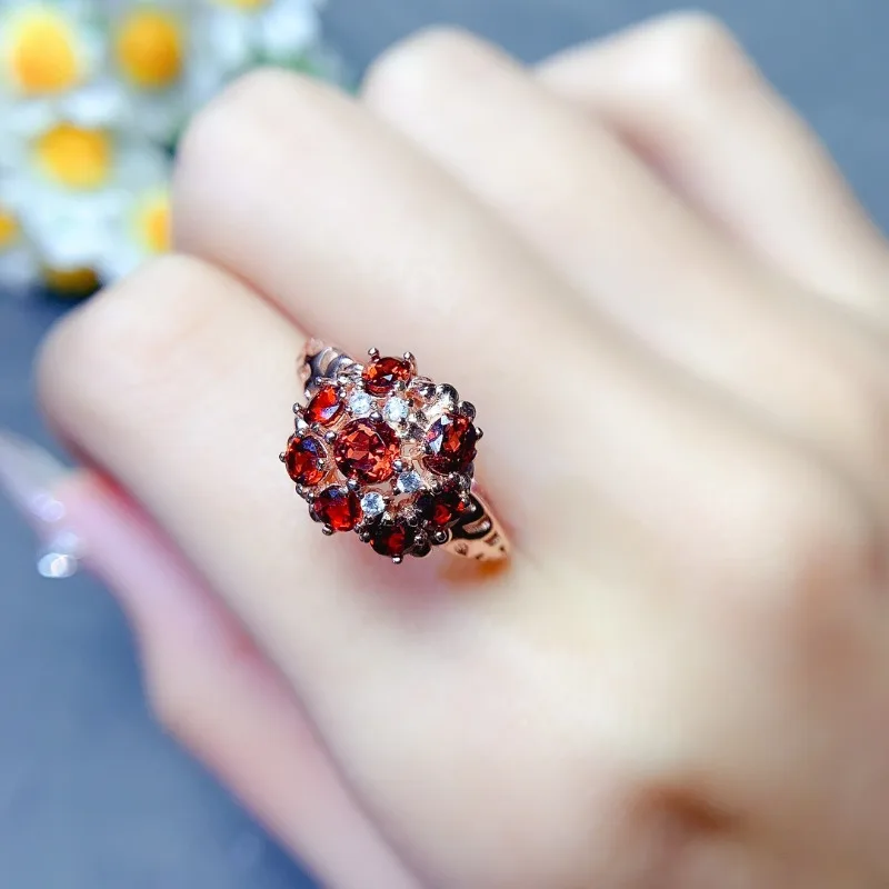 Brilliant Natural Pyrope Garnet Ring VVS Grade Garnet Silver Ring with 3 Layer 18K Gold Plated Gemstone Jewelry