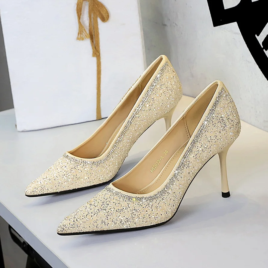 

Elegant high heels for women, sequined and beaded, pointed toe, low-cut, stiletto heels