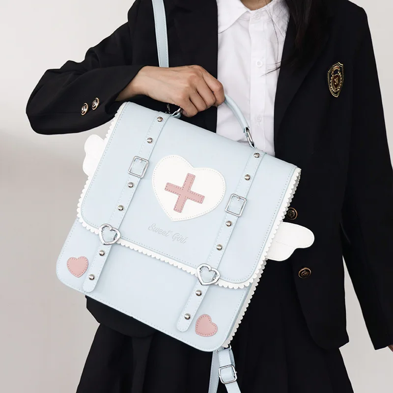 Japanese Cartoon Anime Sweet Backpacks Cute Kawaii Heart Angel Wings Girls JK Schoolbags Y2k Women Preppy Casual Backpack