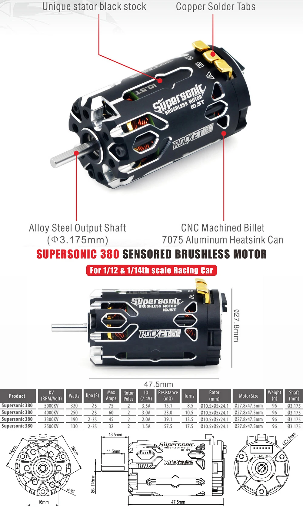 Surpass Hobby Rocket-RC Supersonic 380 8.5T 10.5T 13.5T 17.5T 2-3S Bürstenloser Sensormotor 80A 6-11V ESC für 1/12 1/14 RC-Auto – Detail 9