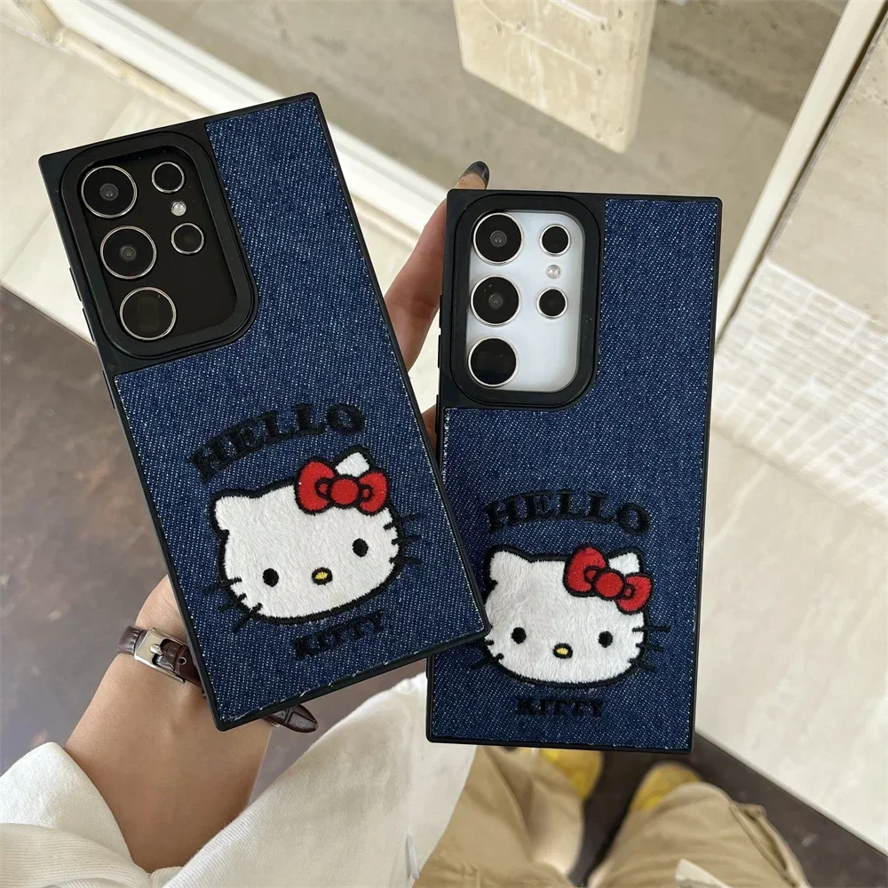 Cute Cartoon Sanrio Hello Kitty Denim Fabric Embroidery Phone Case For Samsung Galaxy S 24 23 Ultra Puls Leather Hard Cover