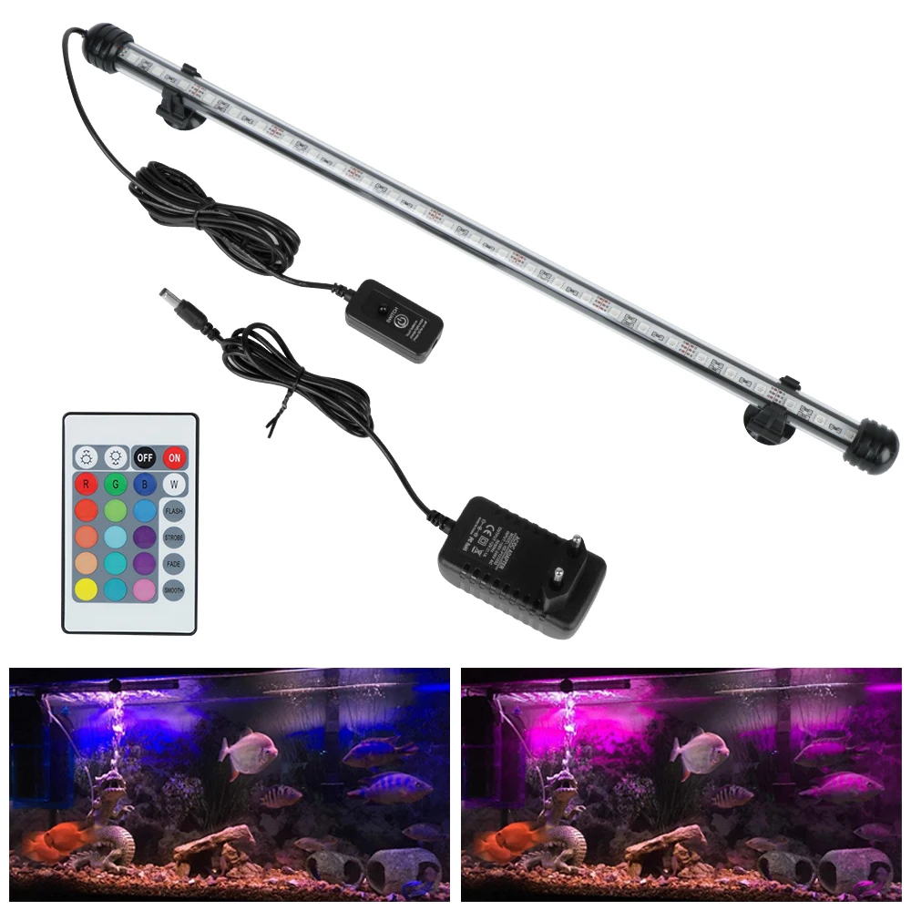 5050 RGB LED Remote Control EU Plug Aquatic Air Bubble Lights Aquarium Submersible Lamp Fish Tank Light Bar Waterproof 28cm 48cm