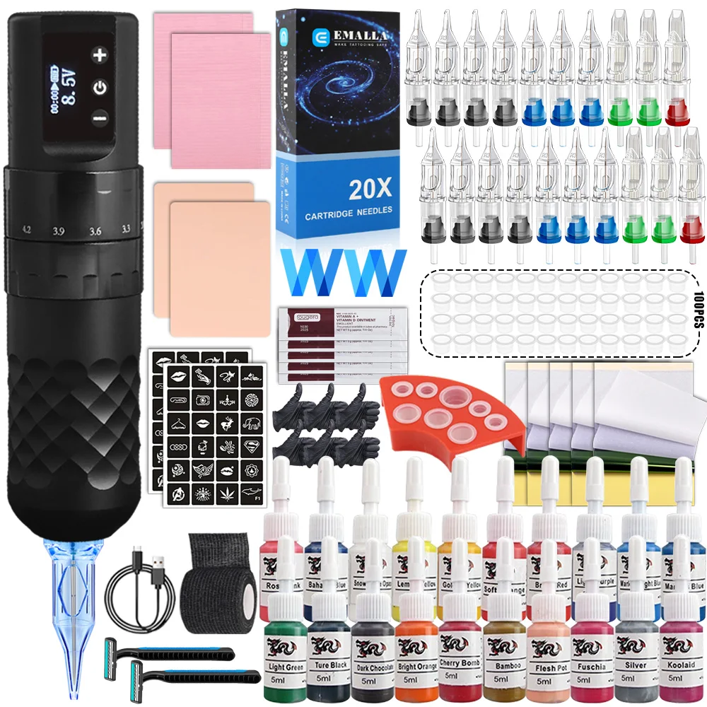 

Professional Wireless Tattoo Machine Pen Kit Rotary Tattoo Pen Set 7 Strokes Coreless Motor 1800mAh Battery Pen for Artists