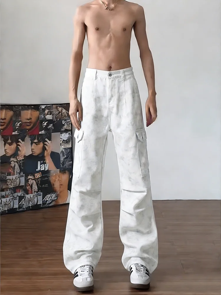 American Style Tie Dye Loose Men's Workwear Jeans Design Sense Pleated High Street Logging Pants Straight Leg Trousers