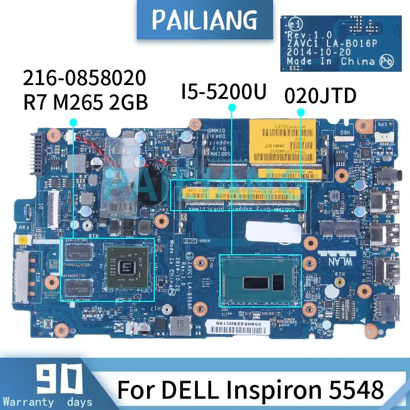 For DELL Inspiron 5548 Laptop Motherboard I5-5200U R7 M265 2GB 020JTD LA-B016P SR23Y 216-0858020 DDR3 Notebook Mainboard