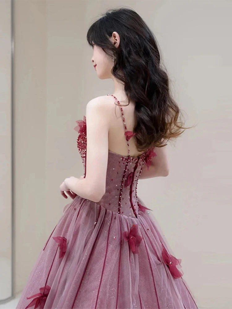 Vestido De Noche De princesa De flores 3D con tirantes finos color Burdeos, apliques hasta el suelo, vestido De graduación para fiesta De boda, Vestidos De Noche
