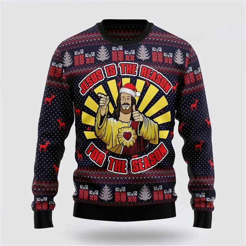 Ugly Christmas Sweater 3D Funny Jesus Printed Holiday Party Sweatshirt For Christmas Sweater Men Casual Long Sleeve Pullover Top