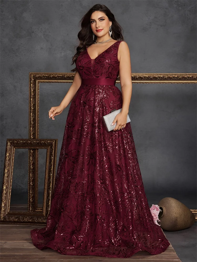 Lucyinlove Plus Size Luxury Deep V-Neck Sequins Evening Dresses Women Elegant V-back Wedding Party Long Prom Cocktail Gowns