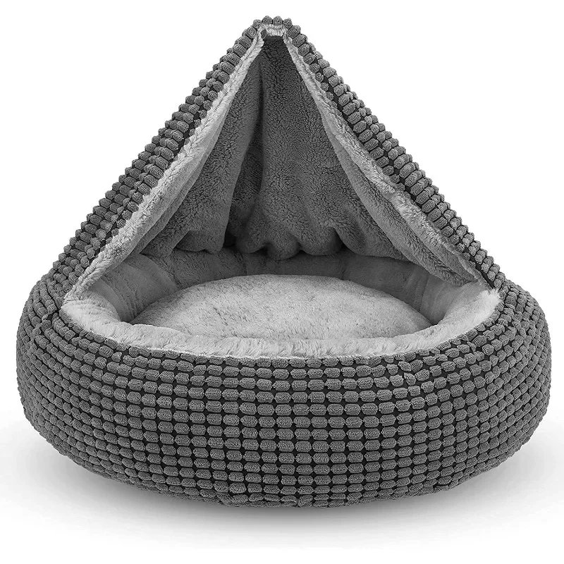 Dog Bed with Attached Blanket for Small Dogs or Cats, Soft Plush Cozy Donut Cuddler Hooded Pet Beds Washable. Round Puppy Bed