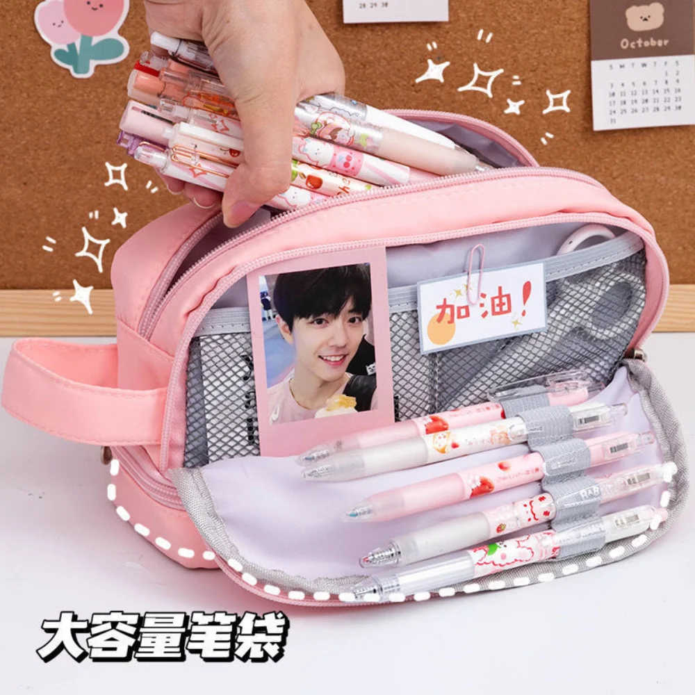 Estuche de lápices estético Kawaii, estuche de tela impermeable, almacenamiento de múltiples capas, bolsa de bolígrafos grande para la vuelta a la escuela, papelería