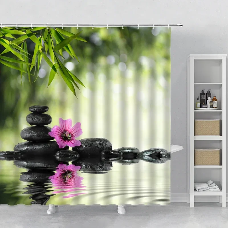 Zen Shower Curtain Black Stone Green Bamboo Orchid Creek Water Spa Spring Natural Scenery Bathroom Decor Bath Curtains Polyester