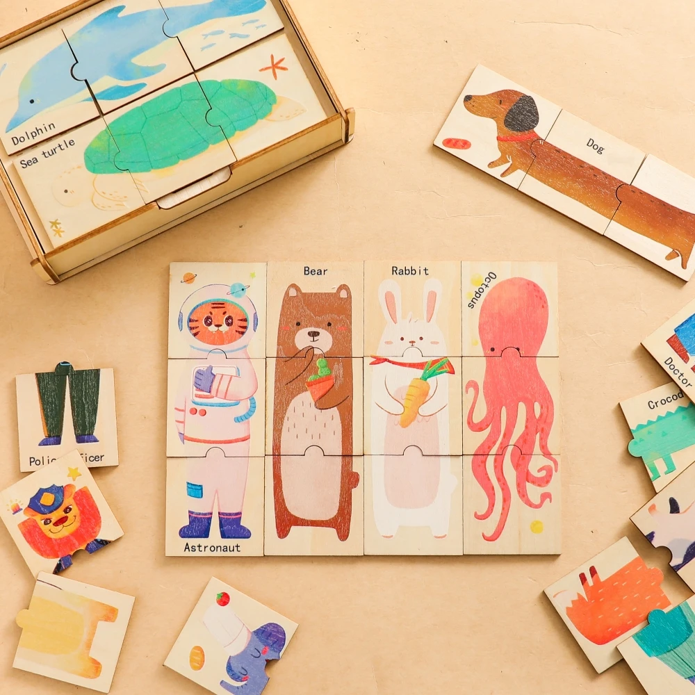 Educational Montessori Toys Cartoon Animal Wooden Jigsaw Puzzle Set for 0-3Y Kids Matching Pairing Game Cognition Learning Toy