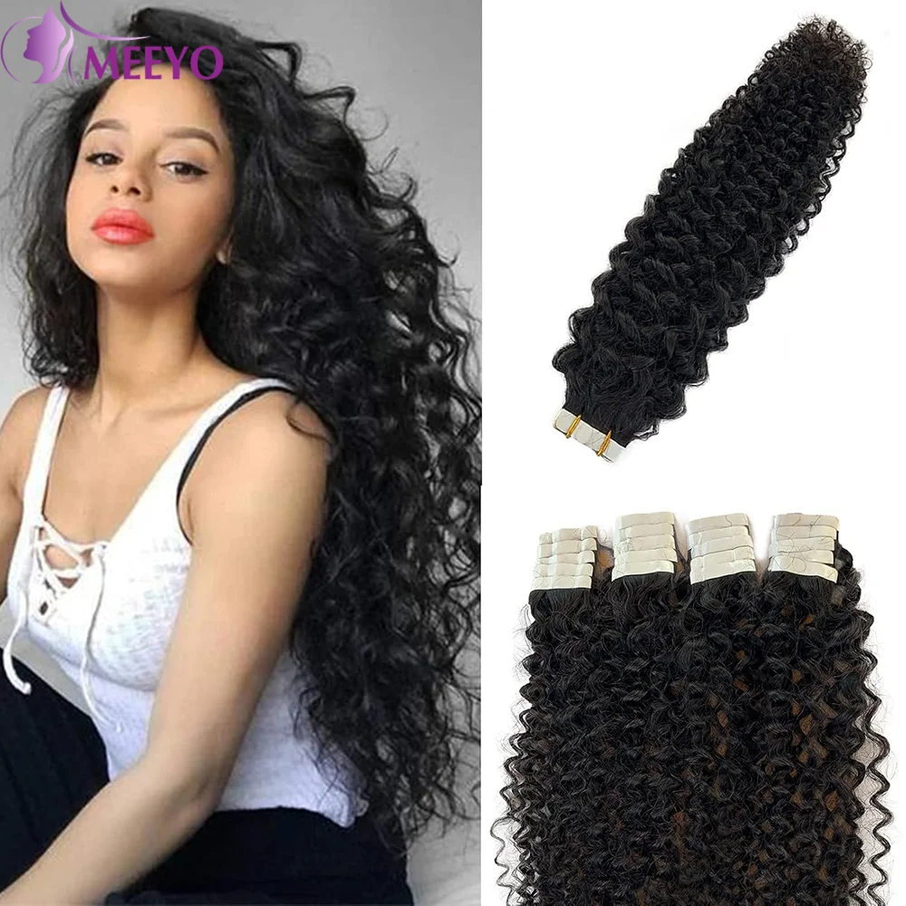 Tape In Hair Extensions Human Hair Natural Black Deep Wave 100% Human Hair Extensions For Woman Color #1B 16-26 Inches 20Pcs 50G