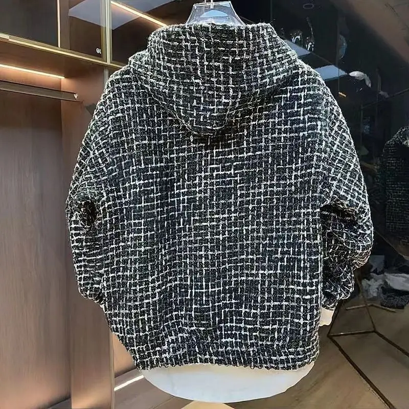 Autumn and Winter Trend New Printed Fleece Thickened Hoodie Men's Loose Casual Warm Large Size Hoodies Cardigan Lattice Sweater