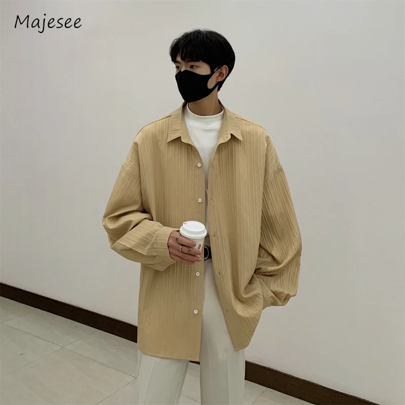 

Mens Shirts Casual Loose Streetwear Solid Color Spring Pleated Fashion Youthful Teenagers American Style Simple Popular Harajuku