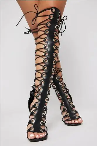

Hot Women Black Leather Sliver Metal Ring Circles Cross Tied Open Toe Stiletto Heel Knee High Sandals Boots Female Long Boots