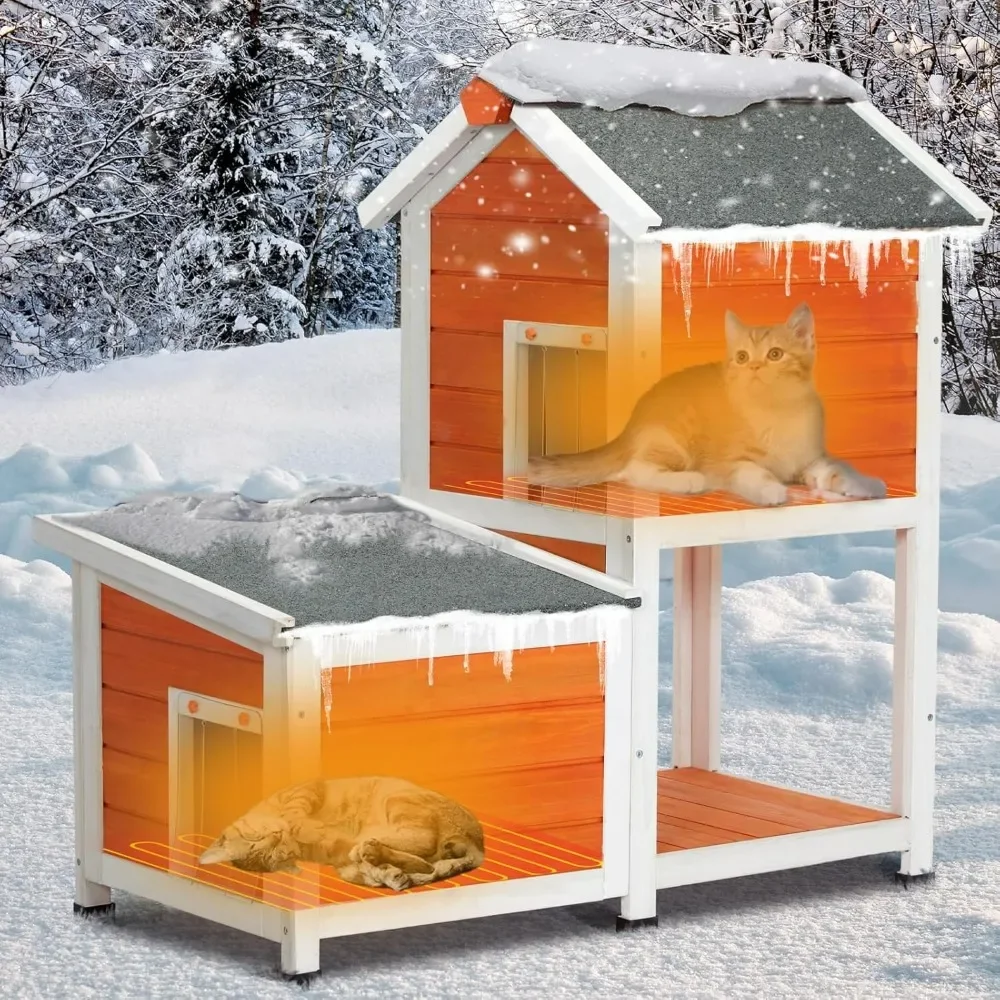 Insulated High Feet+Feeding Station +Door Curtain, Wood Outside Cat House, Bunny Rabbit Hutch Orange, 2 Story Cat House Outdoor