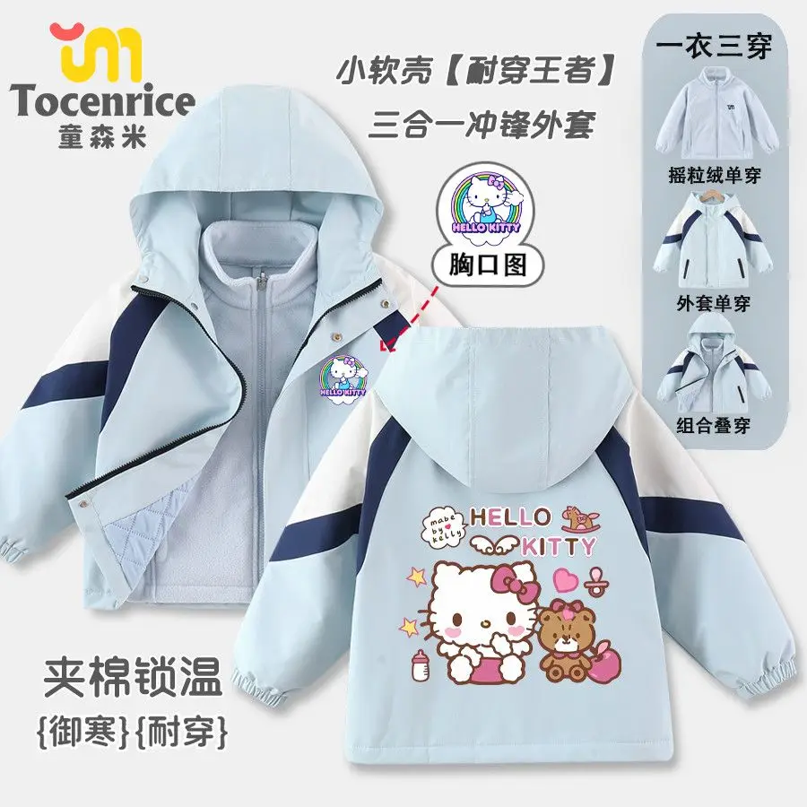 

Водонепроницаемая куртка Sanrio Hello Kitty, теплая ветрозащитная куртка 3 в 1, съемная куртка для девочек, зимняя модная стильная верхняя одежда для детей