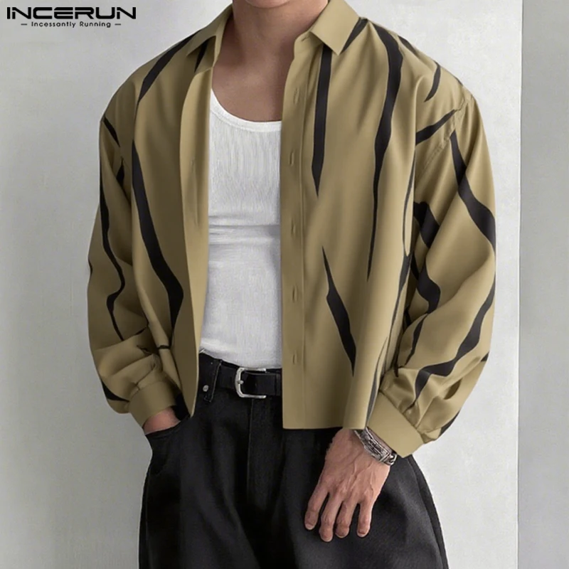 INCERUN Men Shirt Lapel Long Sleeve Button Printing Casual Men Clothing 2025 Loose Streetwear Fashion Male Crop Tops Shirts