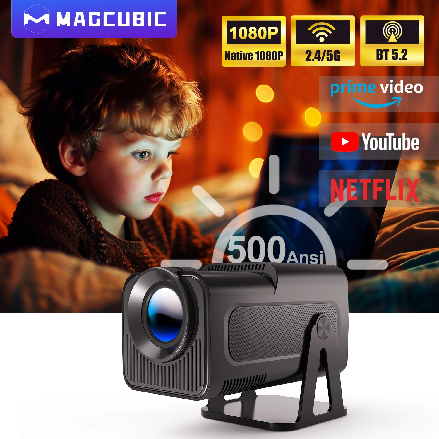 Magcubic Netflix Officially Licensed Native 1080P HY320 NTV Projector 4K 500ANSI Prime Video YouTube WIFi BT5.2 Android 13 Voice