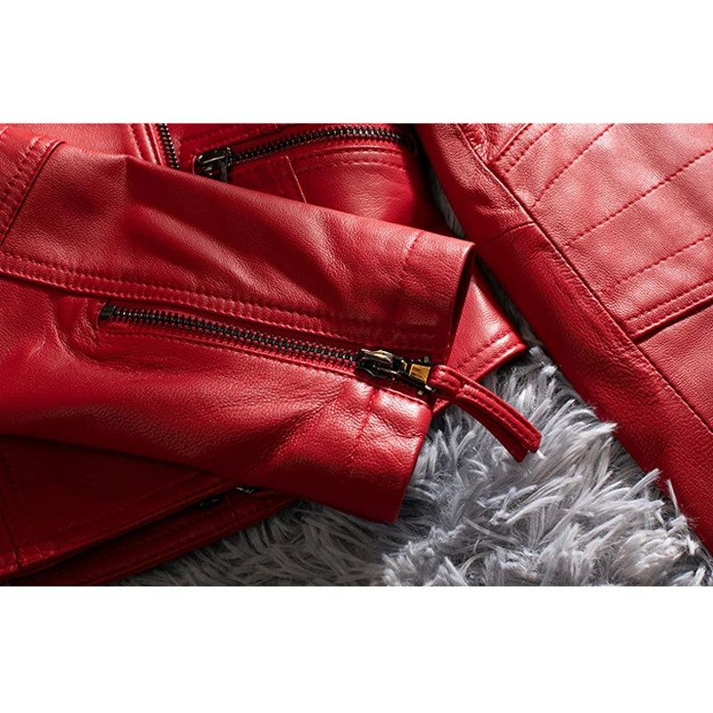 2025 New Red Real Leather Jacket for Women Fashion Short Genuine Sheepskin Female First Layer Leather Slim Fit Biker Jacket Tops