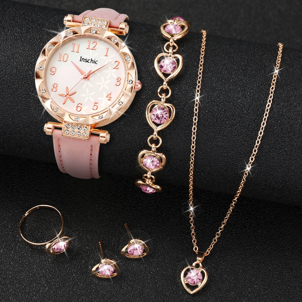 6PCS/Set Fashion Flowers Dial Women\'s Quartz Watch Leather Band Watches Rhinestone Jewelry Set(Without Box)