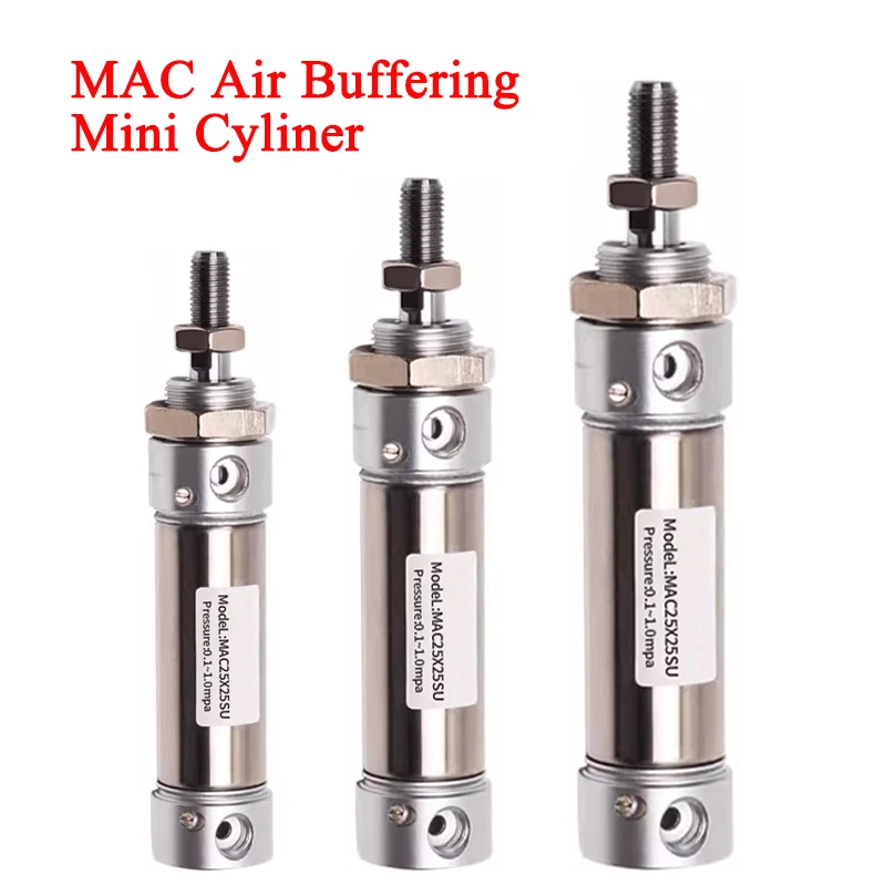 MAC Stainless Steel Mini Cylinder 16/20/25/32/40mm Bore Flat Tail 10-450mm Stroke With Magnetic Ring Air Buffering Cylinders