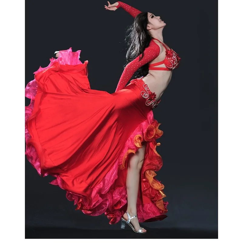 Aangepaste vrouwen buikdans pak Egyptische oosterse dans kostuum team concurrentie prestaties jurk buikdansen beha riem