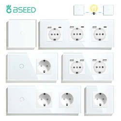 BSEED 1/2/3Gang Touch Light Switches Glass Panel 2Way Wall Switches Home Led Power Switches Blue Backlight EU Standard Sockets