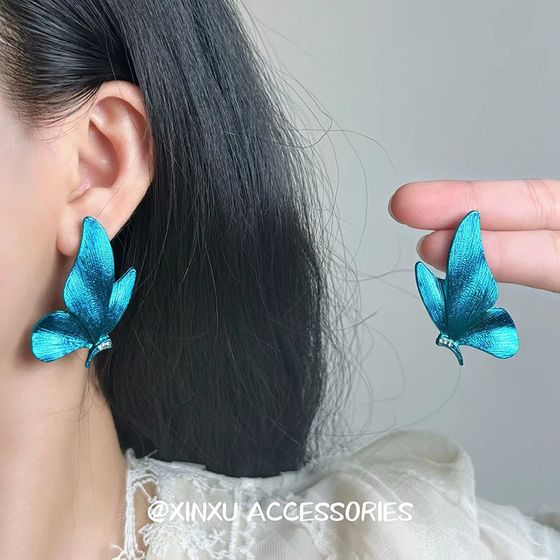 Blue Butterfly Stud Earrings Ethereal Dreamy  Alloy Hypoallergenic Silver Post Elegant Minimalist Daily Jewelry for Women Gift