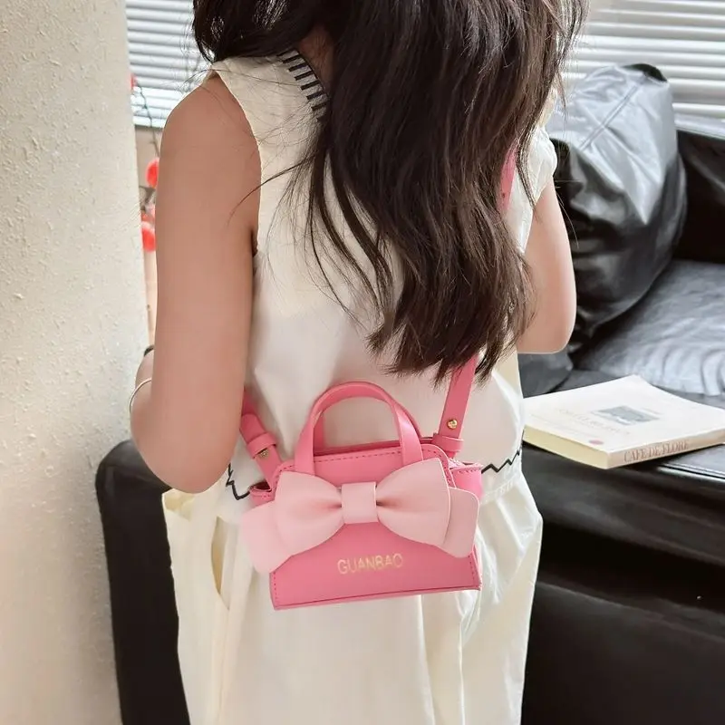 Light Rose Pink White Purple Cute Bow Mini PU Leather Crossbody Bag Top Handle Shoulder Coin Phone Purse Girls Little Princess