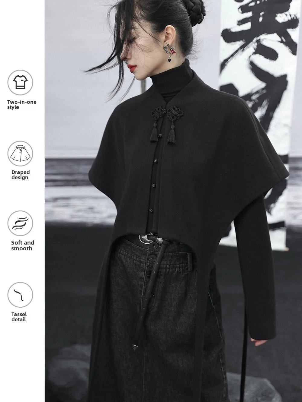 

Retro Bla Cloak Coat Women's High Waist ort ape Irregular Woolen Top Spring Season Chinese Sle Commute Faion
