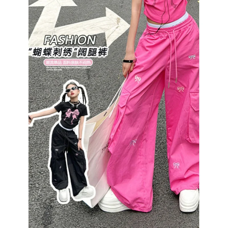 

Girls2024Year Design Sense с бантом и вышивкой на шнурке, уличные танцевальные брюки-карго десантника, повседневные широкие брюки