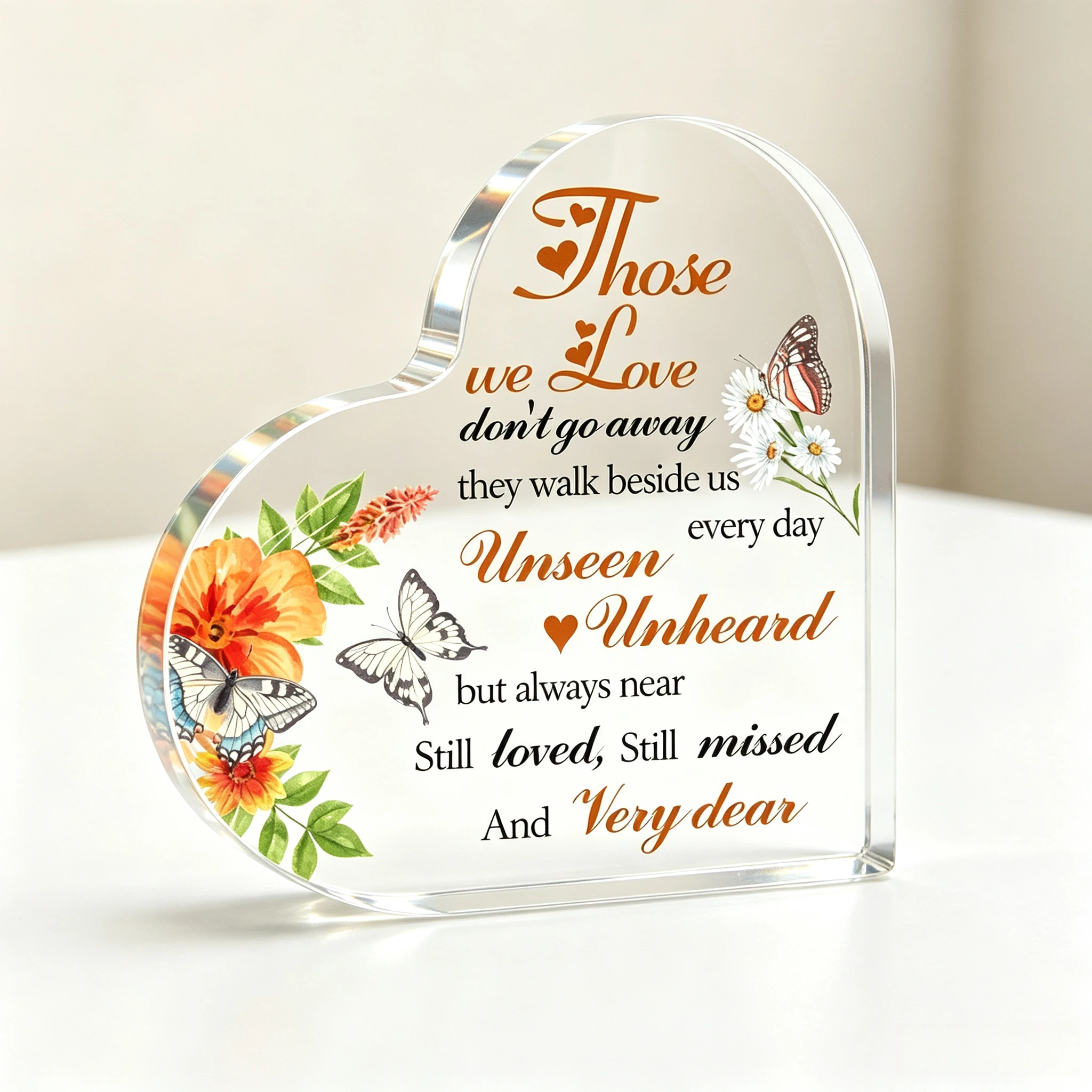Watercolor Flower & Butterfly Heart‑Shaped Acrylic Ornament, Sympathy Remembrance Tabletop Home Decor