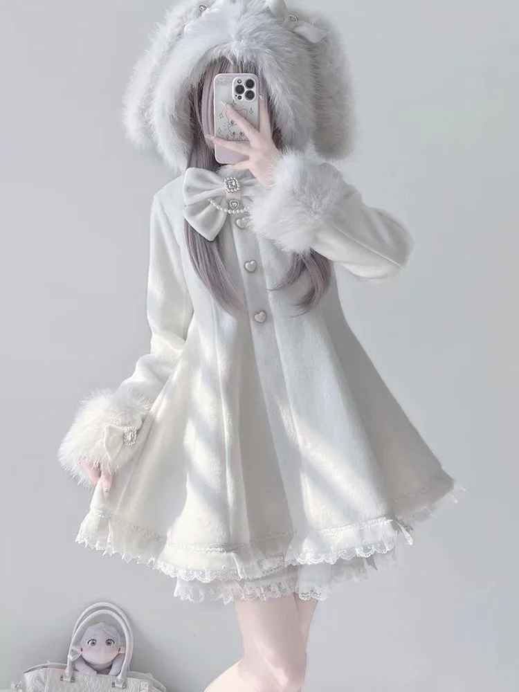 HG Rabbit Ear Coat Winter Japanese Jacket Bow Detachable Woolen Coat Harajuku Roupas Femininas Overcoat Chaqueta Mujer