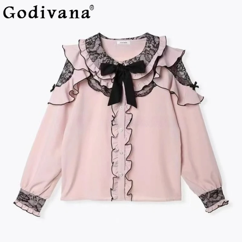 

Women's Japanese Style Lace Clothing Top Sweet Cute Lace Rojita Shirt Female Lolita Style Long Sleeve Bowknot Blouses