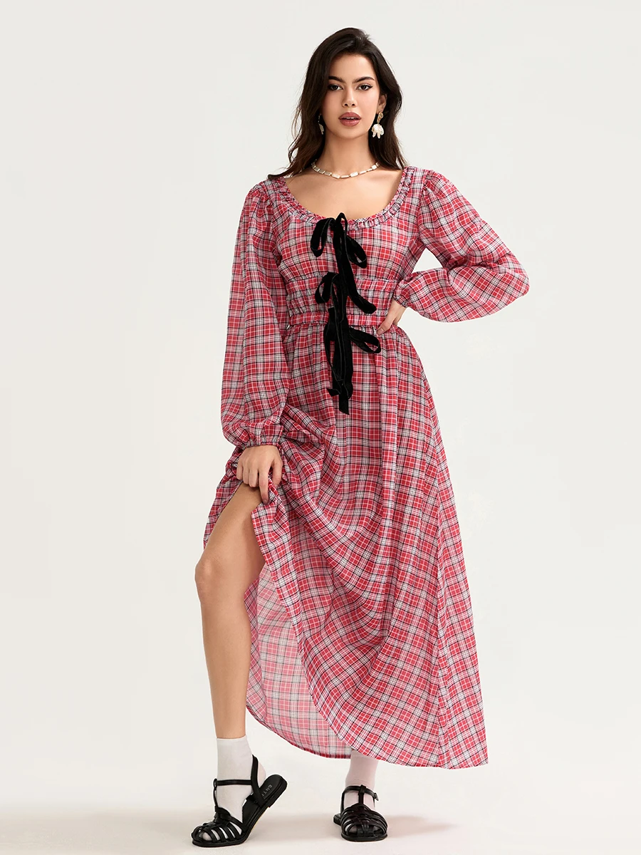 Elegant Plaid Maxi Dress with 3D Bows and Square Neckline Long Sleeves A-Line Silhouette Perfect for Fall Vintage Style