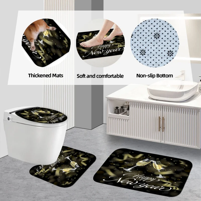 Happy New Year 4pcs Set with Fireworks Design - Includes Waterproof Shower Curtain, Non-Slip Bath Mat, U-Shaped T