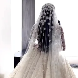 Voile de Luxe en Dentelle avec Perles et Strass de 3 Mètres de Large, Peigne pour Mariage, Cathédrale, Nouvelle Collection 2023